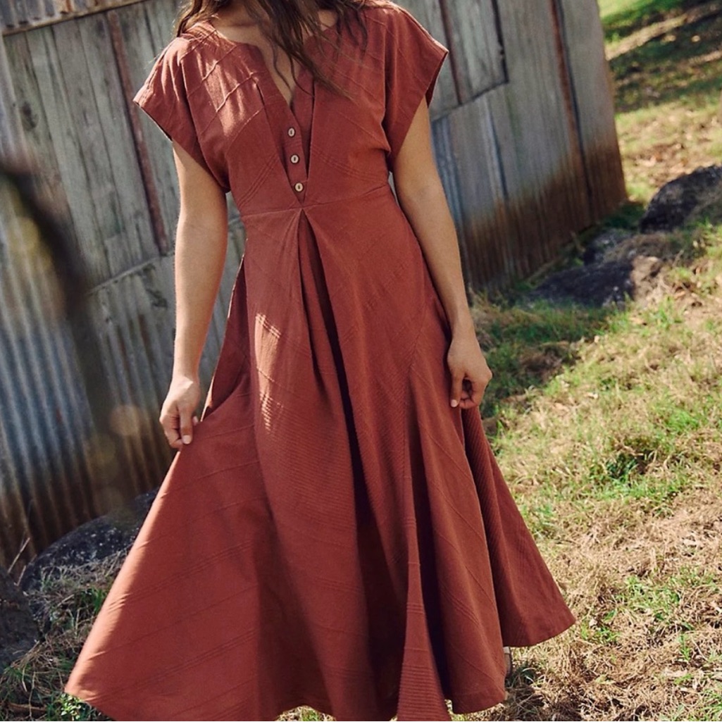 Free People Rust Maxi Dress With V-Neck And Button Placket
